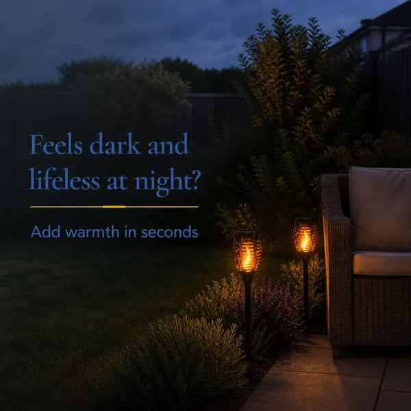 FlickerFlame Solar Path Lights illuminating a garden path at dusk